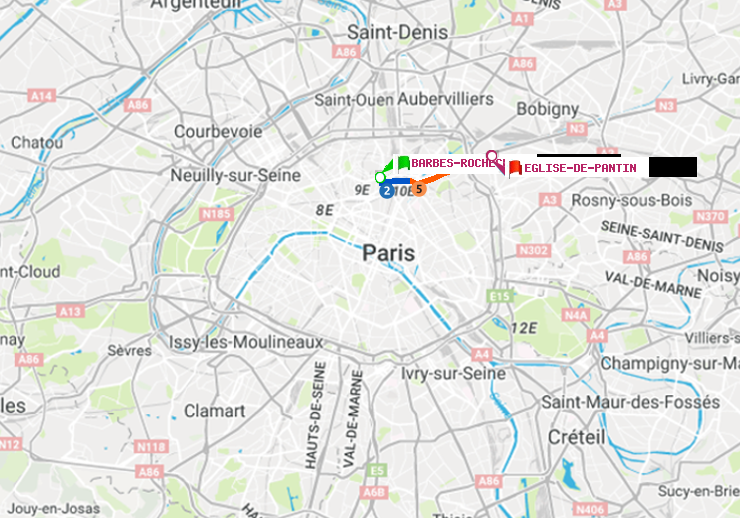 plan itinéraire ratp de Barbès-Rochechouart à Eglise de Pantin