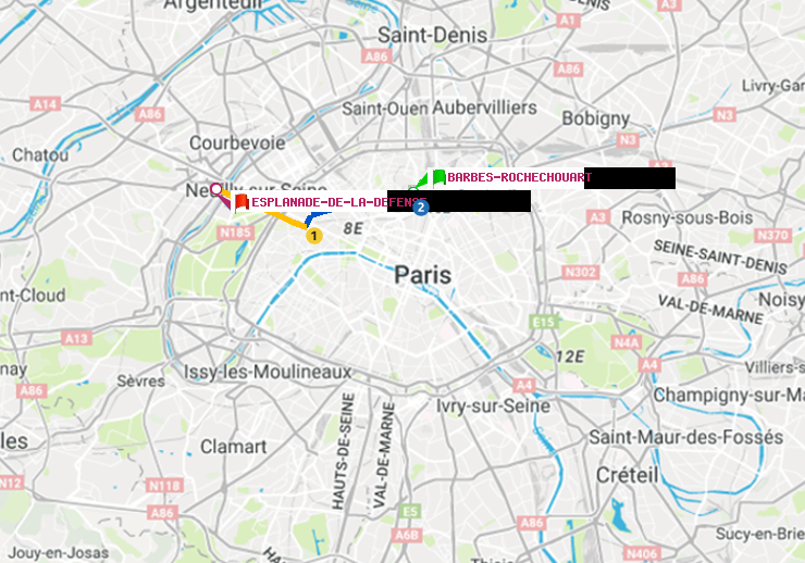 plan itinéraire ratp de Barbès-Rochechouart à Esplanade de la Défense