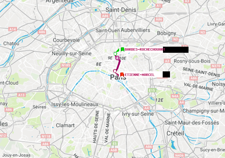 plan itinéraire ratp de Barbès-Rochechouart à Etienne Marcel