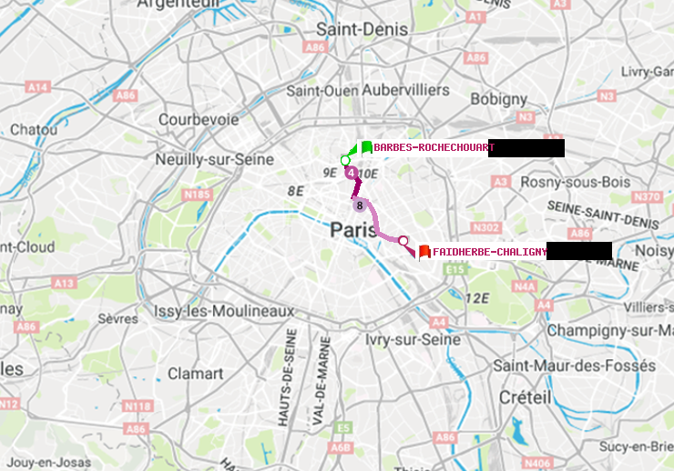 plan itinéraire ratp de Barbès-Rochechouart à Faidherbe-Chaligny