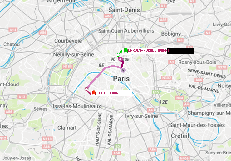 plan itinéraire ratp de Barbès-Rochechouart à Félix Faure
