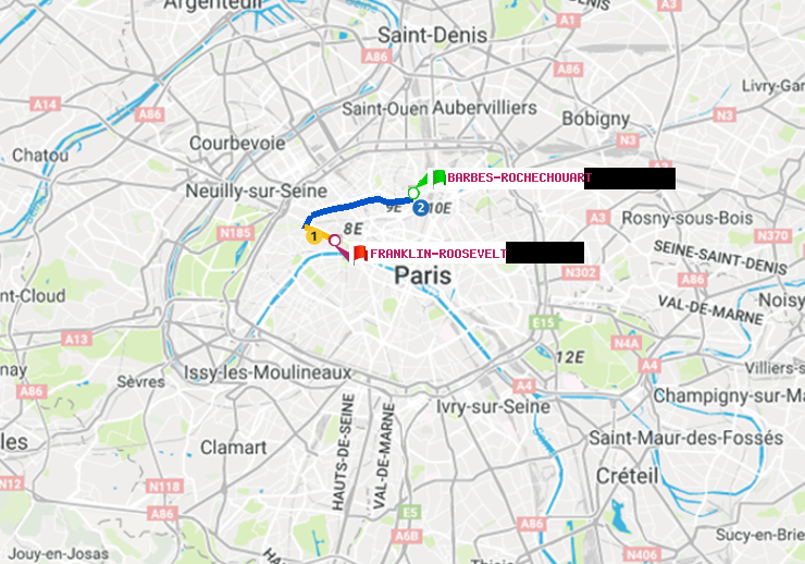 plan itinéraire ratp de Barbès-Rochechouart à Franklin-Roosevelt