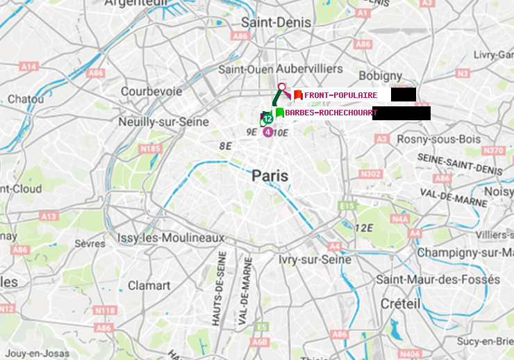 plan itinéraire ratp de Barbès-Rochechouart à Front Populaire