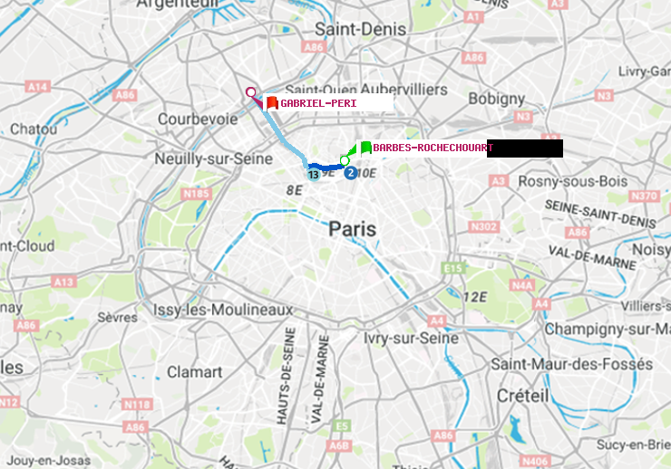 plan itinéraire ratp de Barbès-Rochechouart à Gabriel-Péri