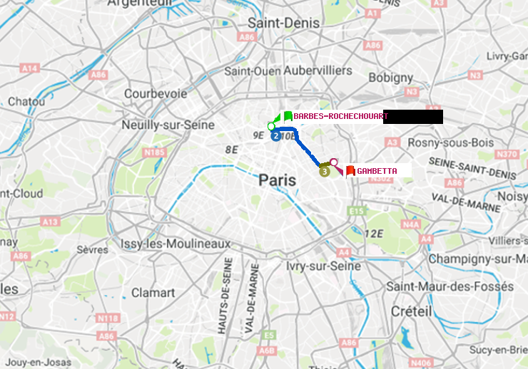 plan itinéraire ratp de Barbès-Rochechouart à Gambetta