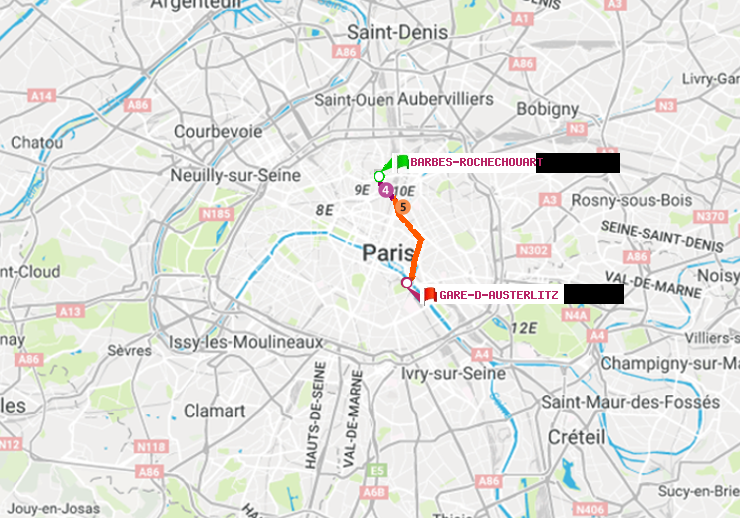 plan itinéraire ratp de Barbès-Rochechouart à Gare d