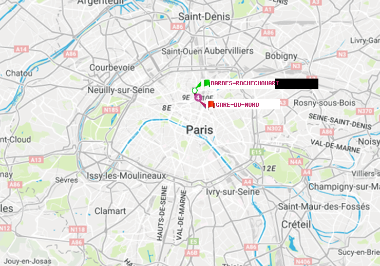 plan itinéraire ratp de Barbès-Rochechouart à Gare du Nord