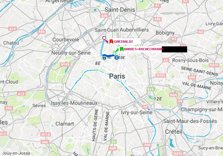 plan itinéraire ratp de Barbès-Rochechouart à Garibaldi