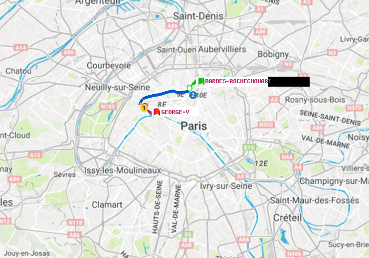 plan itinéraire ratp de Barbès-Rochechouart à George V