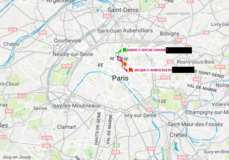 plan itinéraire ratp de Barbès-Rochechouart à Jacques-Bonsergent