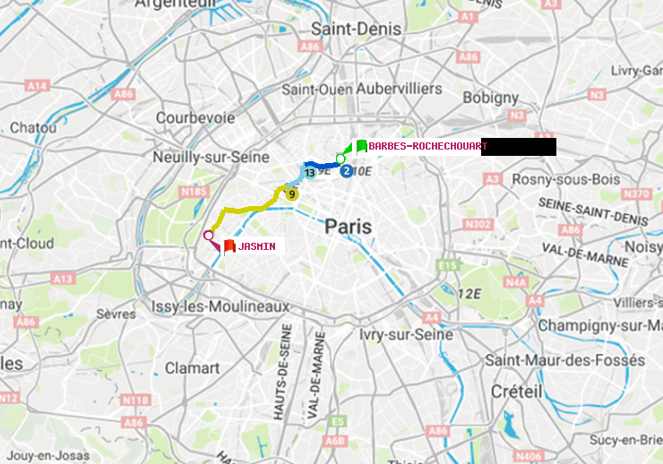 plan itinéraire ratp de Barbès-Rochechouart à Jasmin