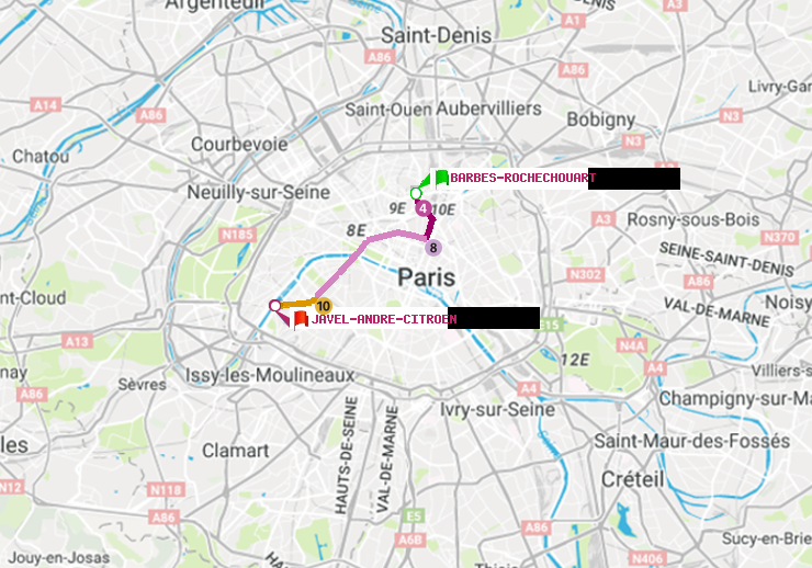 plan itinéraire ratp de Barbès-Rochechouart à Javel-André-Citroen