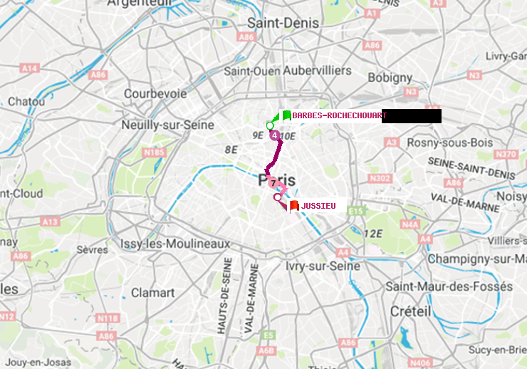 plan itinéraire ratp de Barbès-Rochechouart à Jussieu