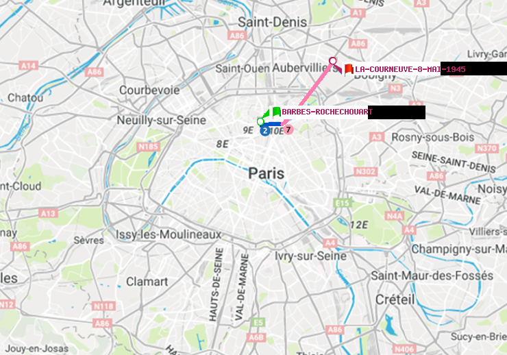 plan itinéraire ratp de Barbès-Rochechouart à La Courneuve-8-Mai-1945