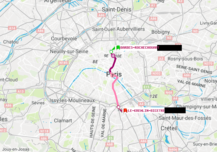 plan itinéraire ratp de Barbès-Rochechouart à Le Kremlin-Bicêtre