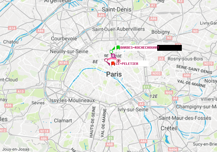 plan itinéraire ratp de Barbès-Rochechouart à Le Peletier