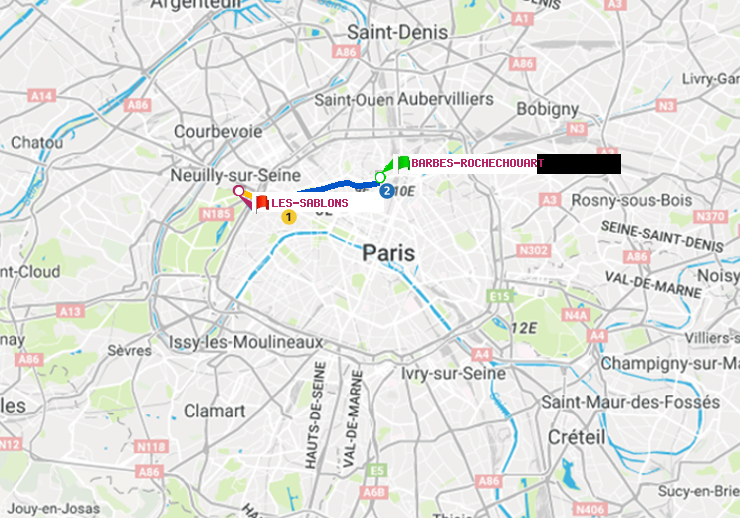 plan itinéraire ratp de Barbès-Rochechouart à Les Sablons (Jardin d