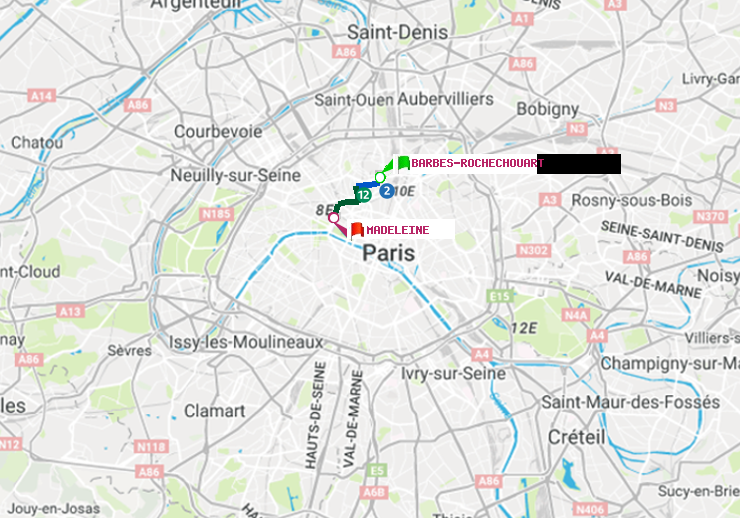 plan itinéraire ratp de Barbès-Rochechouart à Madeleine