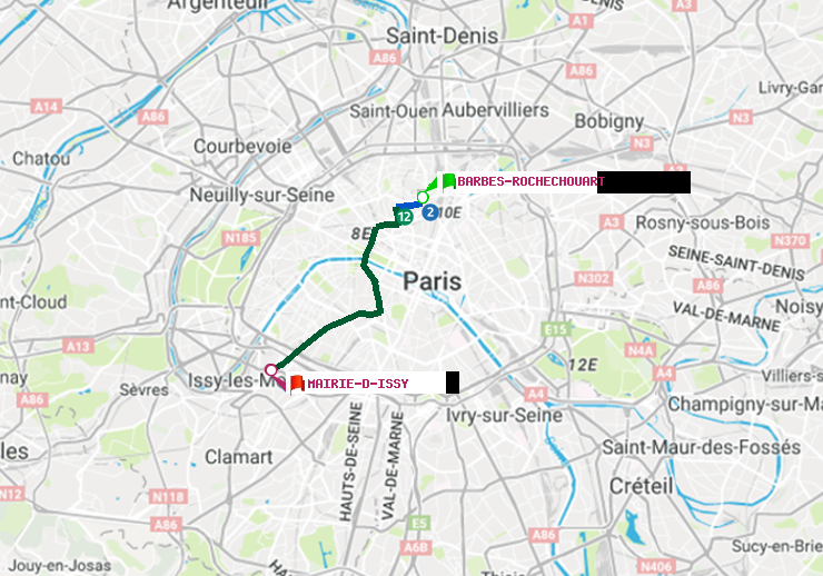 plan itinéraire ratp de Barbès-Rochechouart à Mairie d