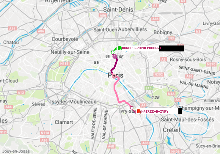 plan itinéraire ratp de Barbès-Rochechouart à Mairie d