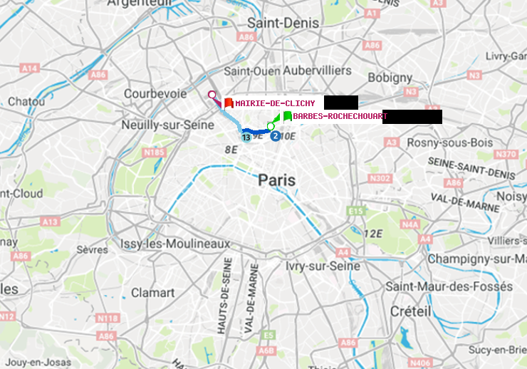 plan itinéraire ratp de Barbès-Rochechouart à Mairie de Clichy