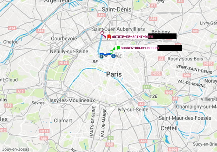 plan itinéraire ratp de Barbès-Rochechouart à Mairie de Saint-Ouen