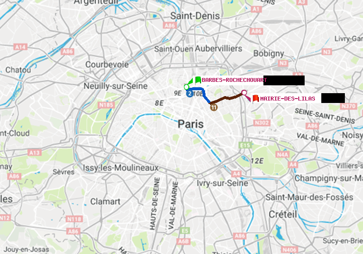 plan itinéraire ratp de Barbès-Rochechouart à Mairie des Lilas