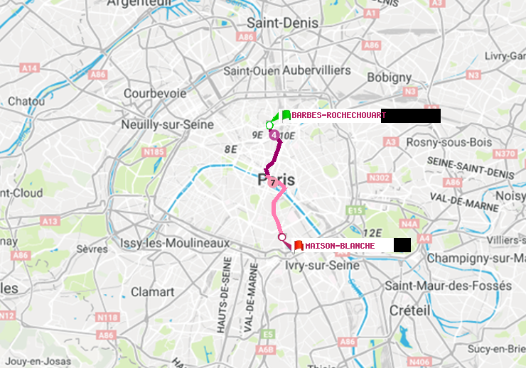 plan itinéraire ratp de Barbès-Rochechouart à Maison Blanche