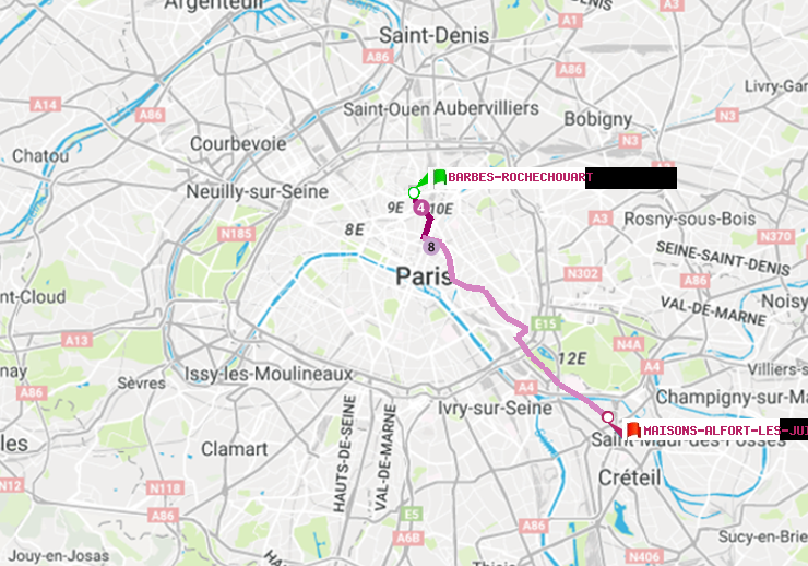 plan itinéraire ratp de Barbès-Rochechouart à Maisons-Alfort-Les Juilliottes