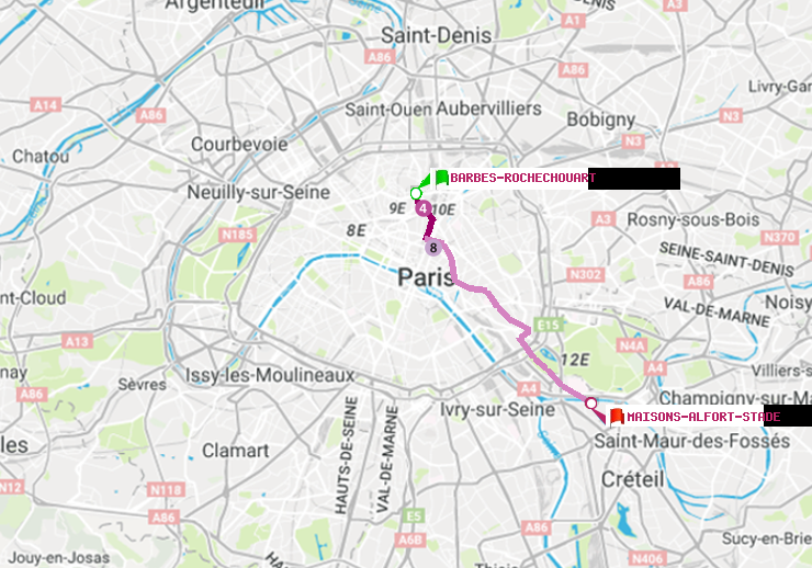 plan itinéraire ratp de Barbès-Rochechouart à Maisons-Alfort-Stade