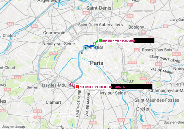 plan itinéraire ratp de Barbès-Rochechouart à Malakoff-Plateau de Vanves