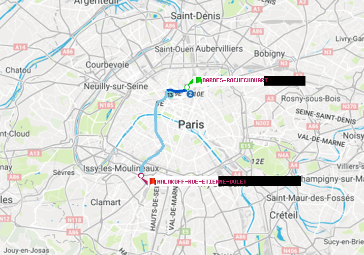 plan itinéraire ratp de Barbès-Rochechouart à Malakoff-Rue Etienne Dolet