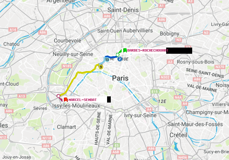 plan itinéraire ratp de Barbès-Rochechouart à Marcel Sembat