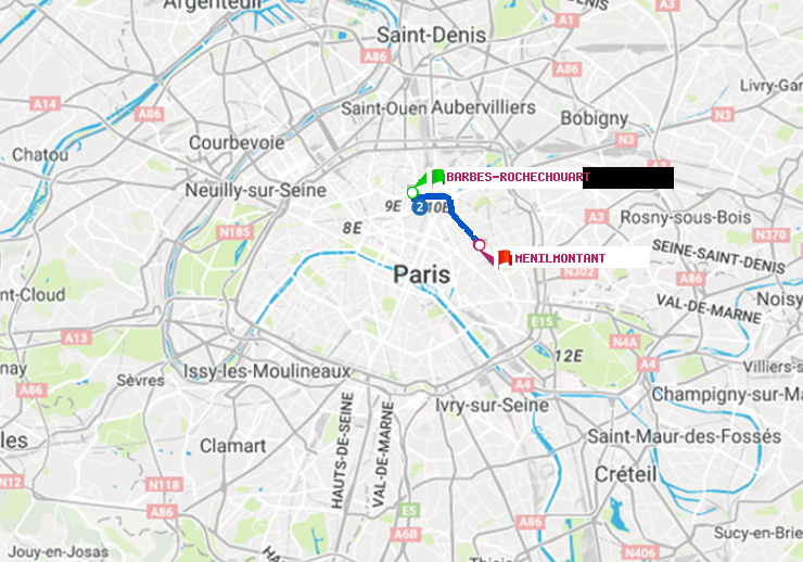plan itinéraire ratp de Barbès-Rochechouart à Ménilmontant