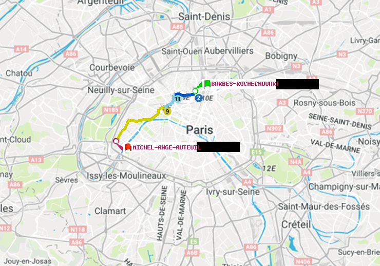 plan itinéraire ratp de Barbès-Rochechouart à Michel-Ange-Auteuil