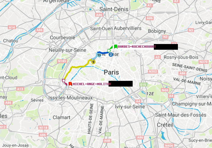 plan itinéraire ratp de Barbès-Rochechouart à Michel-Ange-Molitor