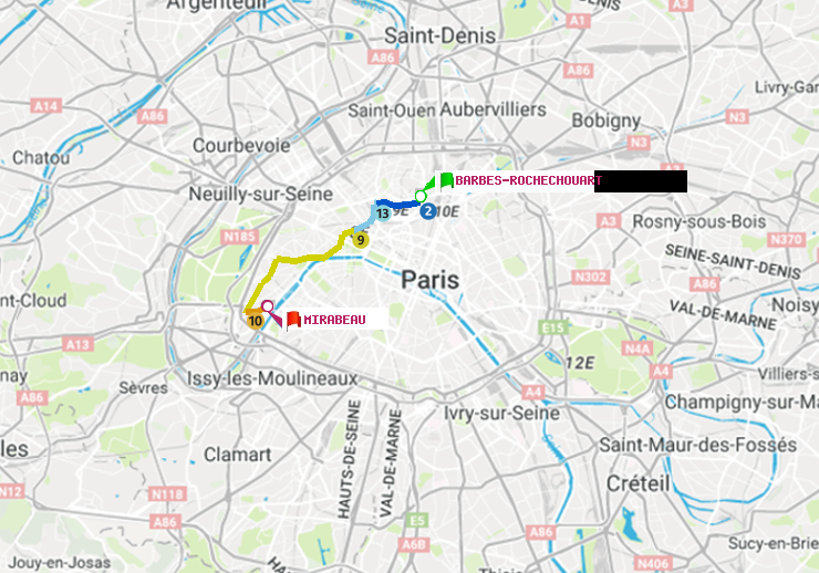 plan itinéraire ratp de Barbès-Rochechouart à Mirabeau