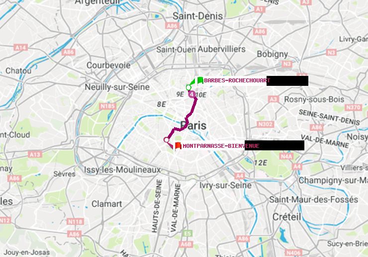 plan itinéraire ratp de Barbès-Rochechouart à Montparnasse-Bienvenue