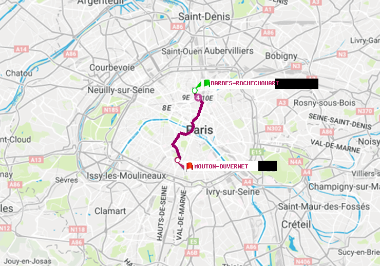plan itinéraire ratp de Barbès-Rochechouart à Mouton-Duvernet