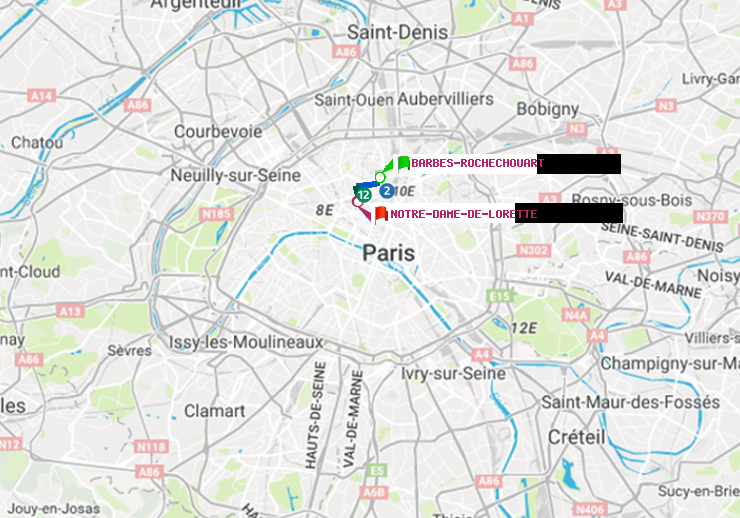 plan itinéraire ratp de Barbès-Rochechouart à Notre-Dame de Lorette