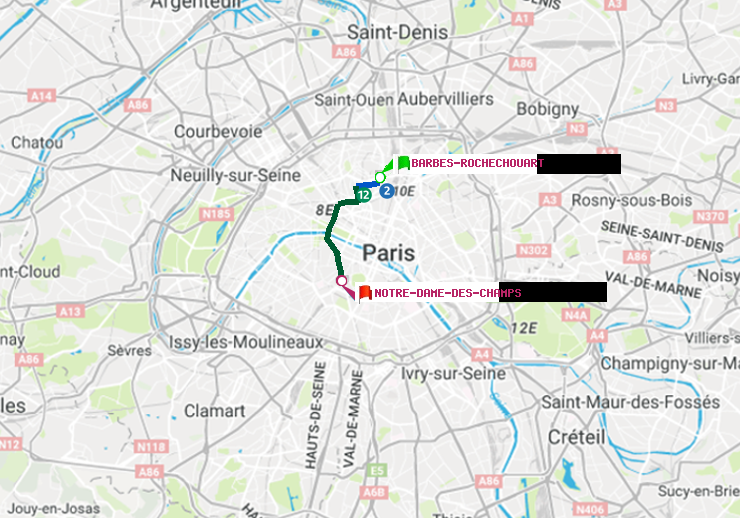 plan itinéraire ratp de Barbès-Rochechouart à Notre-Dame des Champs