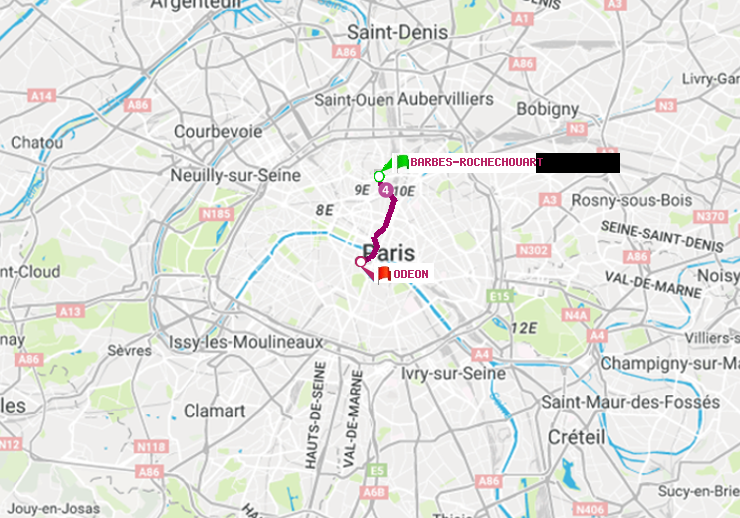 plan itinéraire ratp de Barbès-Rochechouart à Odéon