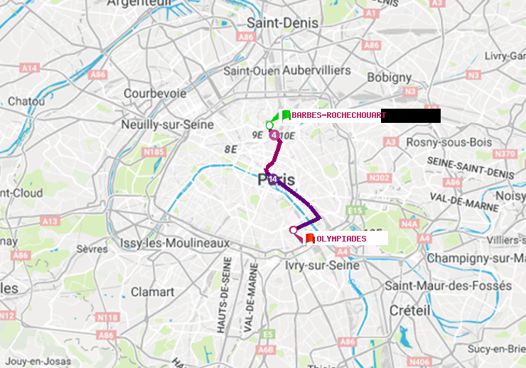 plan itinéraire ratp de Barbès-Rochechouart à Olympiades