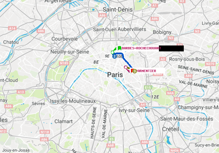 plan itinéraire ratp de Barbès-Rochechouart à Parmentier