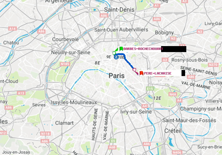 plan itinéraire ratp de Barbès-Rochechouart à Père-Lachaise