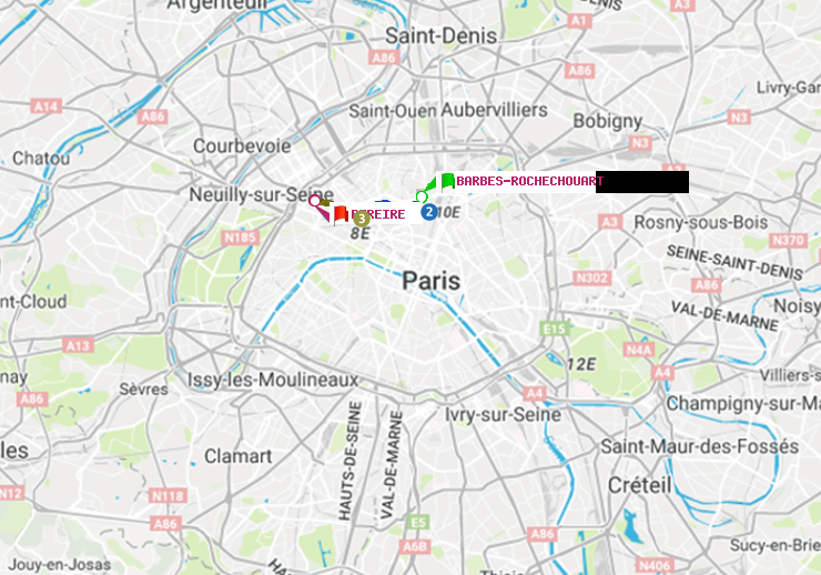 plan itinéraire ratp de Barbès-Rochechouart à Péreire