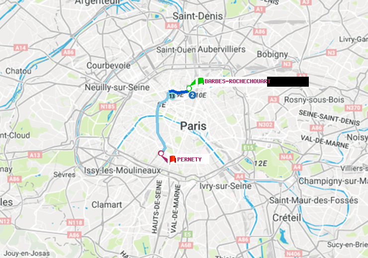 plan itinéraire ratp de Barbès-Rochechouart à Pernety