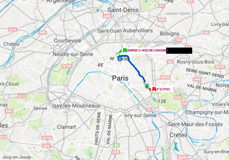 plan itinéraire ratp de Barbès-Rochechouart à Picpus