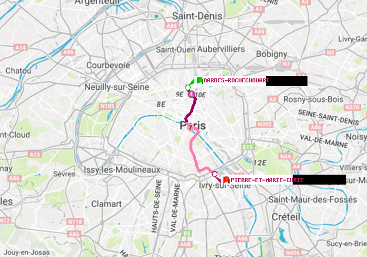 plan itinéraire ratp de Barbès-Rochechouart à Pierre et Marie Curie