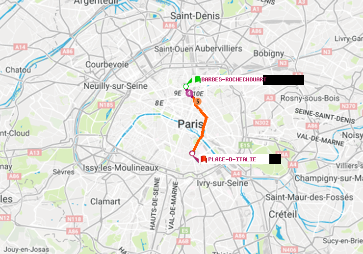 plan itinéraire ratp de Barbès-Rochechouart à Place d